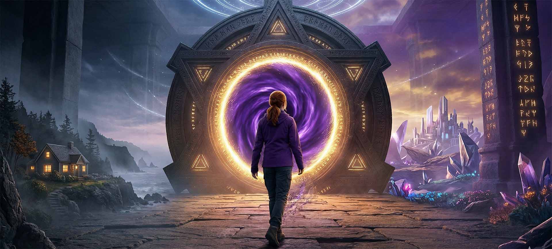 A 17-year-old girl with a red braid walking through a glowing violet stone portal from a desert cliff into a crystal city. Myrine Goes Through the Quantum Door