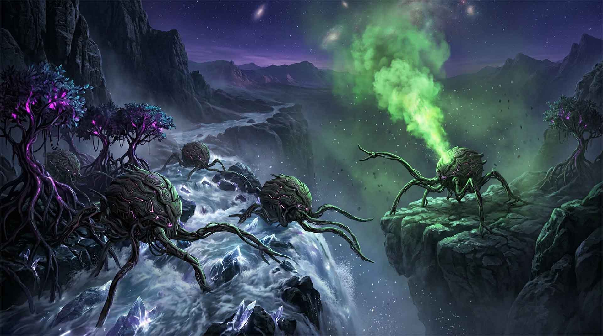 The Brunkai Hunt – Myrine Goes Through the Quantum Door Several mechanical, coconut-shaped entities with multiple spindly legs (Brunkai) navigate a rocky riverside. One entity on a cliff edge is spraying a large, voluminous cloud of bright green gas into the air. Myrine Goes Through the Quantum Door