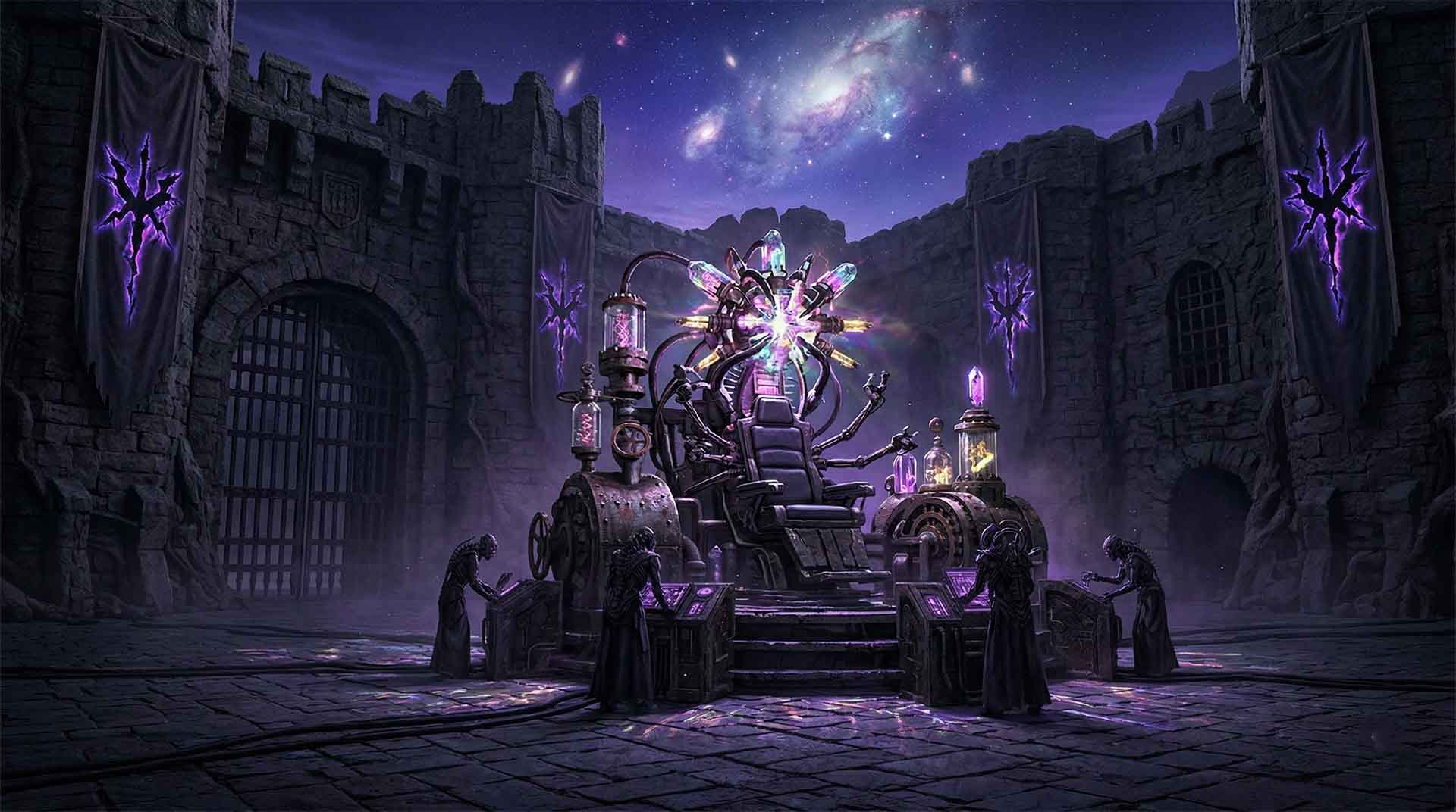 The Courtyard of Shadows – Myrine Goes Through the Quantum Door A nocturnal wide shot of a massive stone castle courtyard. In the center sits a complex, industrial "memory extraction machine" glowing with crystalline energy. Dark purple banners with sunburst symbols hang from the battlements under a sky filled with a vibrant nebula.. Myrine Goes Through the Quantum Door