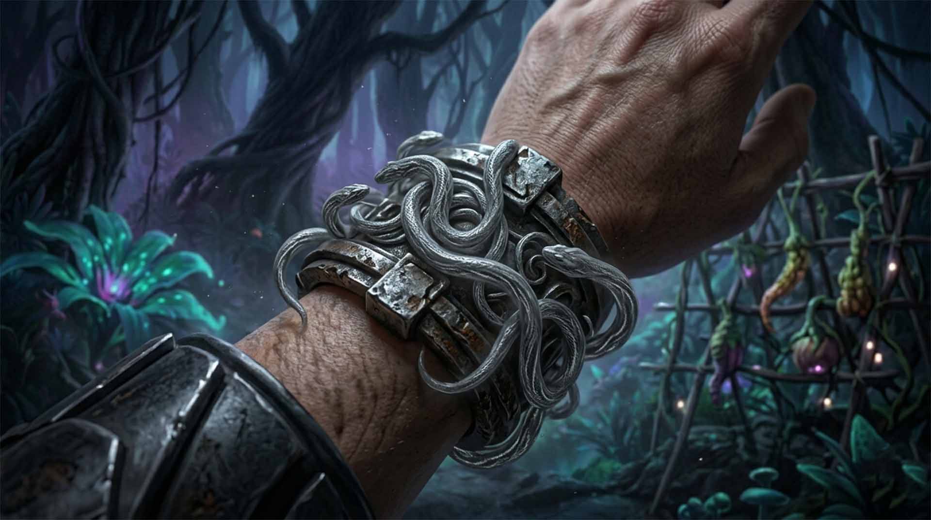 The Shutterling Silence – Myrine Goes Through the Quantum Door A photorealistic close-up of a human wrist wearing a heavy metallic cuff. Several parasitic, snake-like energy vipers are coiled tightly around the metal. The background shows a blurred, dark alien garden with glowing flora and a wooden trellis. Myrine Goes Through the Quantum Door