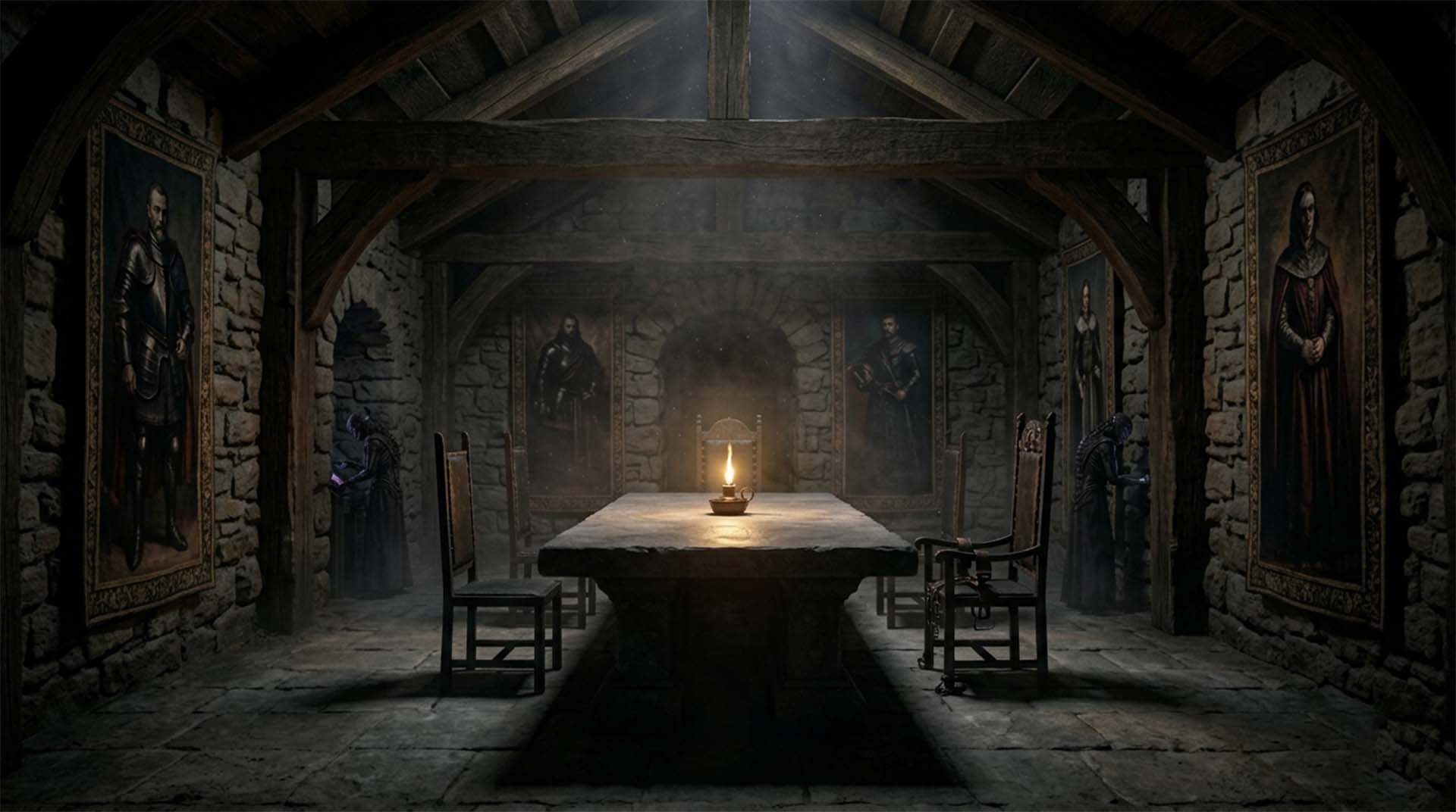 The Interrogation – Myrine Goes Through the Quantum Door Interior of a cold, vaulted stone chamber. A single candle on a massive central stone table casts long, dramatic shadows. Large, ancient tapestries depicting armored figures in the Adelstein lineage hang on the walls, while cloaked figures work in the background shadows. Myrine Goes Through the Quantum Door