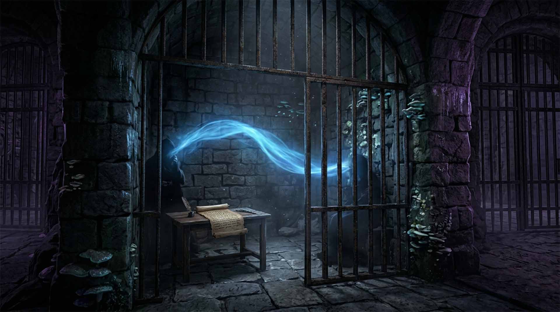 The Dungeon Scholar – Myrine Goes Through the Quantum Door A subterranean dungeon cell with heavy iron bars and damp stone walls. On a simple wooden table lies an ancient open scroll and a quill. A glowing, ethereal blue ribbon of telepathic energy arches across the cell between two hidden figures in the shadows. Myrine Goes Through the Quantum Door