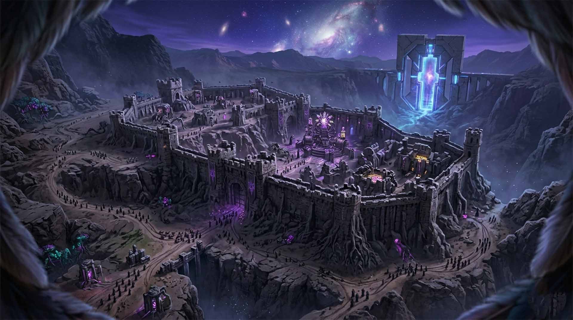 The Eyes of the Sky – Myrine Goes Through the Quantum Door An epic bird's-eye POV looking down through a frame of soft feathers. Below lies a sprawling stone fortress built into a canyon. Miniature troop lines and supply wagons move along dusty paths. A massive, glowing blue energy portal stands on a bridge in the far distance. Myrine Goes Through the Quantum Door