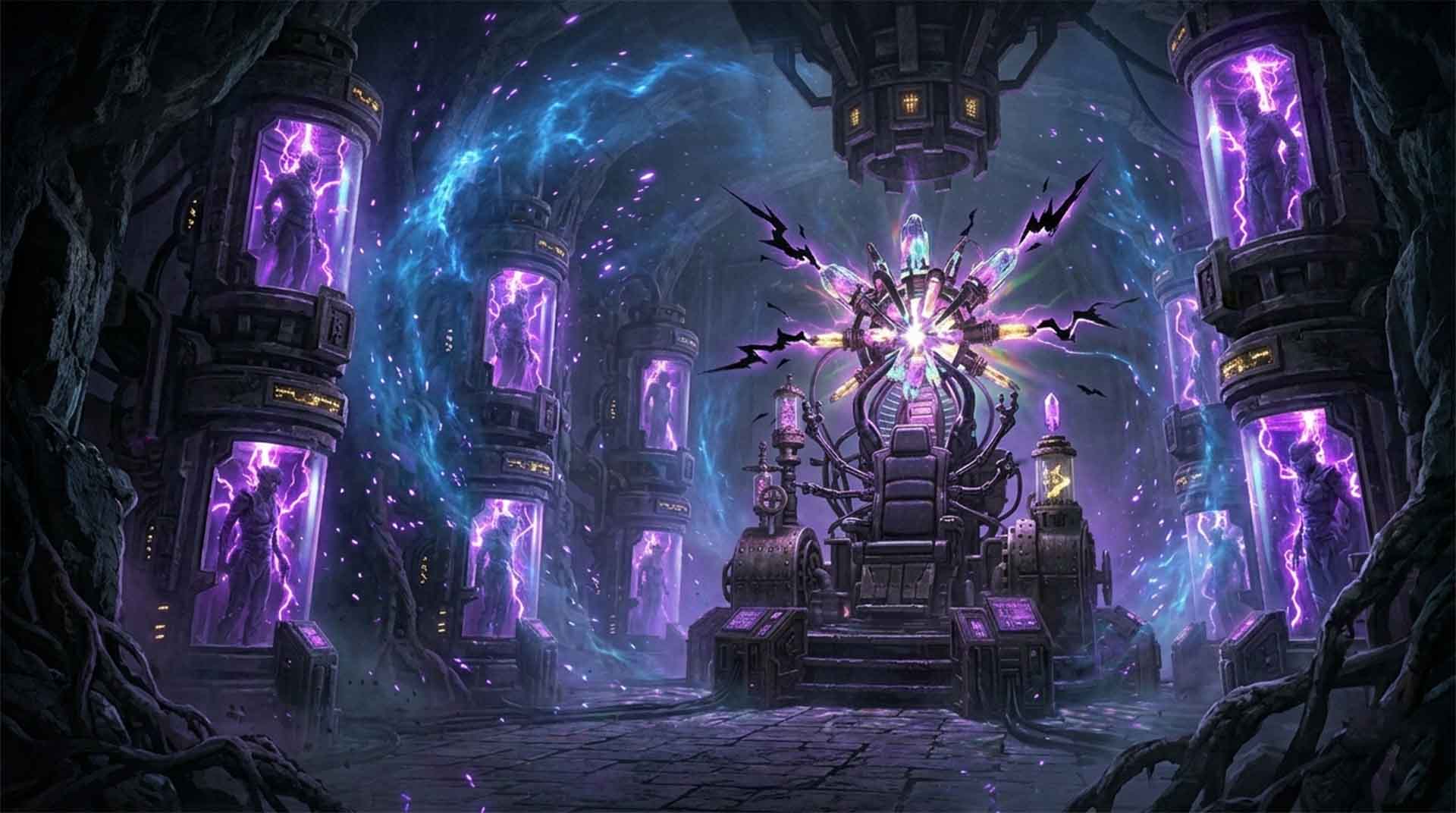 The Charging Nest – Myrine Goes Through the Quantum Door A cavernous industrial hive featuring rows of glowing pods stacked against stone walls. Each pod contains a silhouetted humanoid figure being infused with purple electrical energy. A central mechanical throne pulses with intense Mystic Violet light and dark energy bolts. Myrine Goes Through the Quantum Door