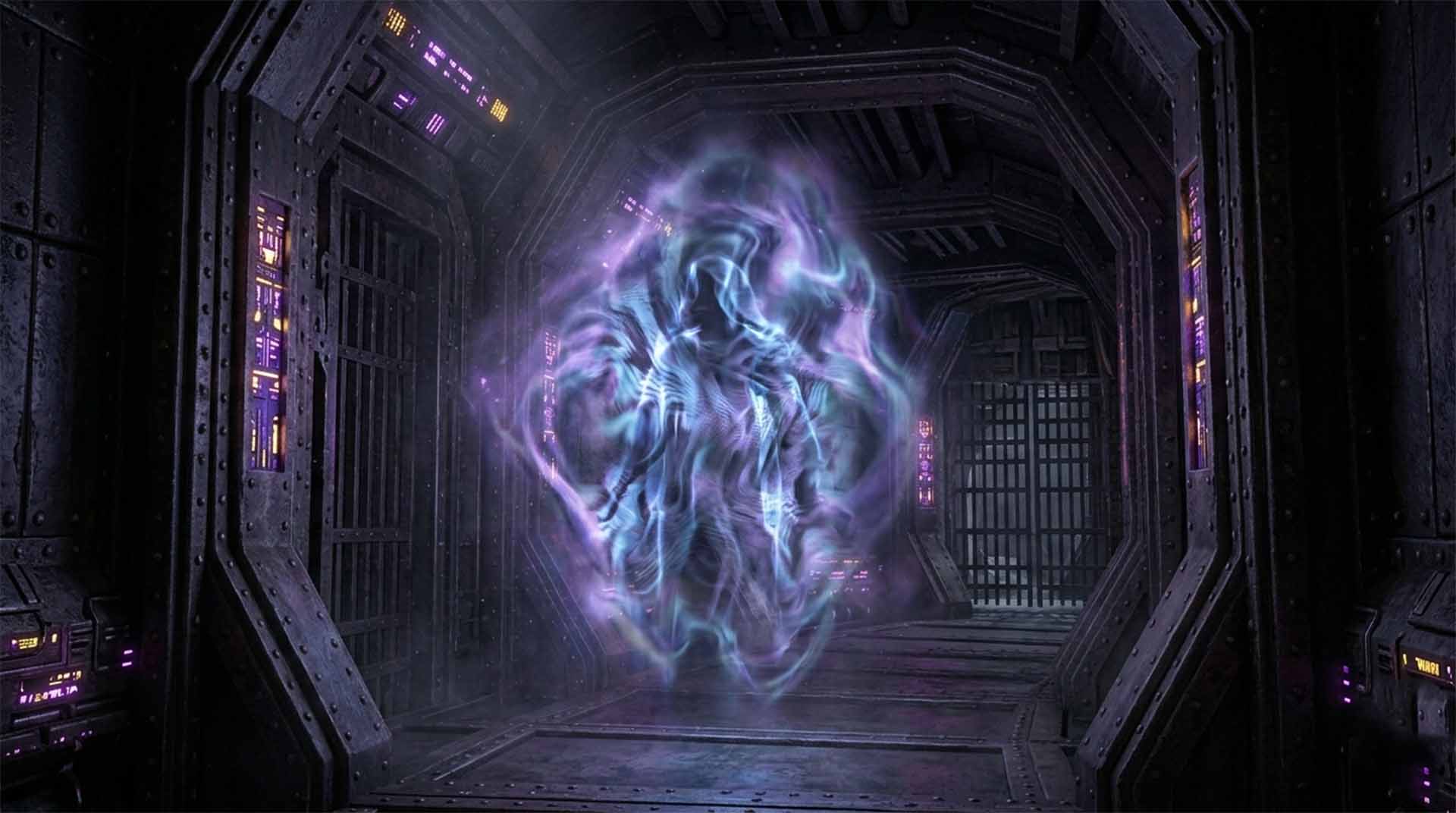 The Invisibility Rite – Myrine Goes Through the Quantum Door A dark, technical corridor made of heavy iron plating. In the center, a ghostly, shimmering humanoid distortion—the Void-Cloak—warps the light around it, creating a purple and teal translucent ripple effect. Glowing panels line the walls of the high-tech hallway. Myrine Goes Through the Quantum Door