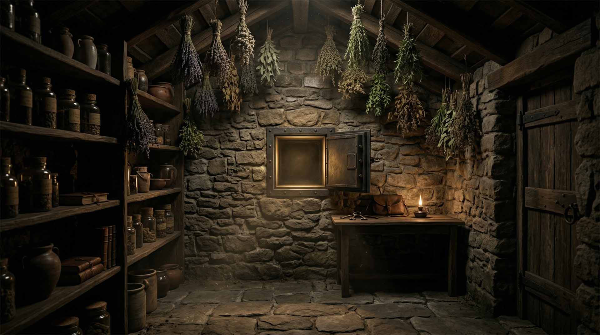 The Secret Mission – Myrine Goes Through the Quantum Door Interior of a rustic stone cellar or apothecary. Bundles of dried herbs hang from the wooden rafters. A small, heavy iron wall safe is built into the stone wall, standing open to reveal a glowing golden interior. A single candle flickers on a wooden table.