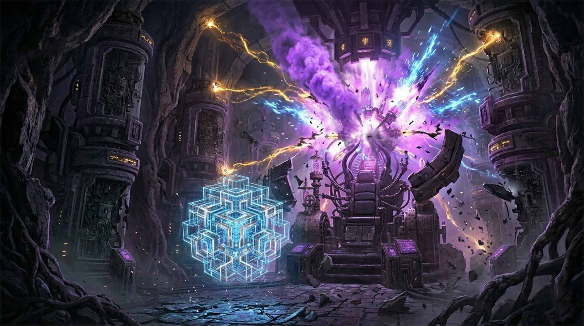 Darkness Overthrown – Myrine Goes Through the Quantum Door A dramatic action scene inside the charging hive. A massive explosion of violet smoke and blue electricity erupts from the central terminal. In the foreground, a glowing, cyan-blue geometric cube (the Mind Chamber) is superimposed over the chaotic scene of shattered machinery. Myrine Goes Through the Quantum Door