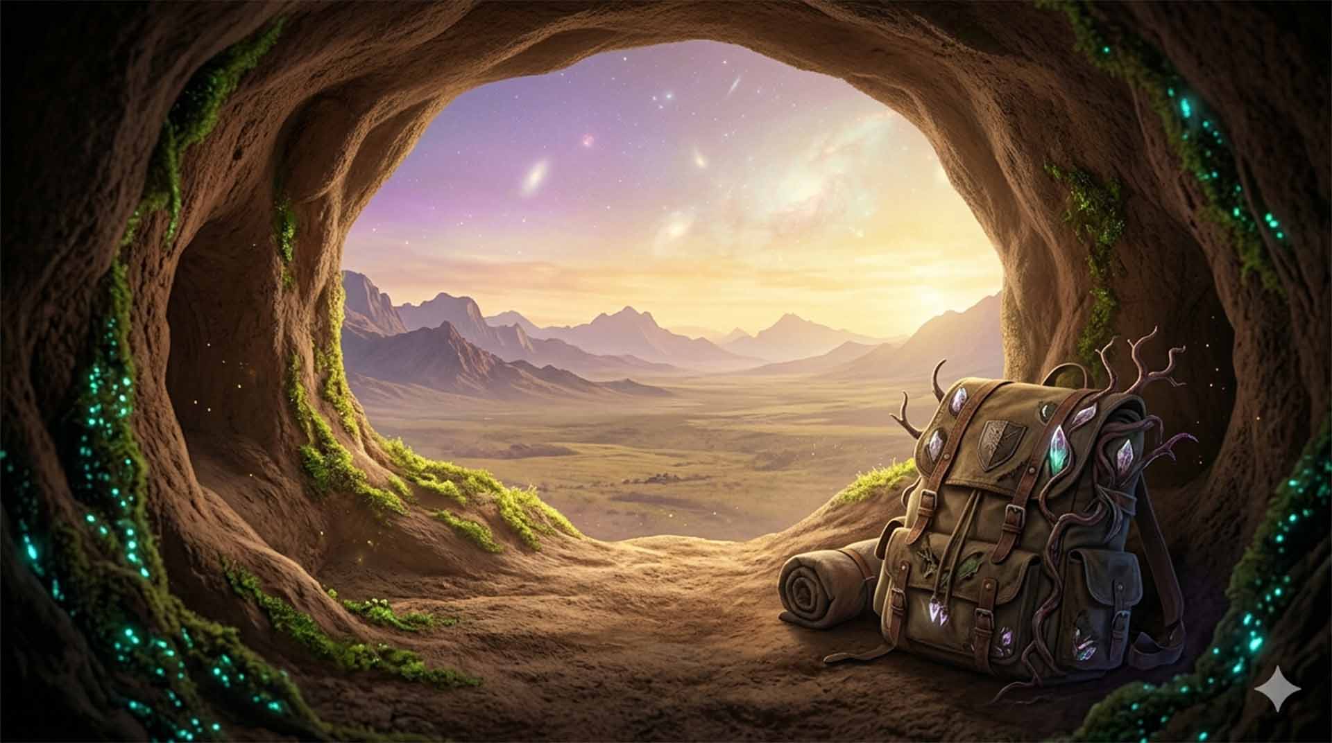 The Burrow’s Vigil – Myrine Goes Through the Quantum Door A tranquil view from inside a curved earthen burrow looking out onto a vast Betwonium plain at sunrise. The sky glows with "Quantum Gold" light. In the corner of the burrow sits a gnarled, magical backpack overgrown with purple-flowered vines and glowing crystals. Myrine Goes Through the Quantum Door
