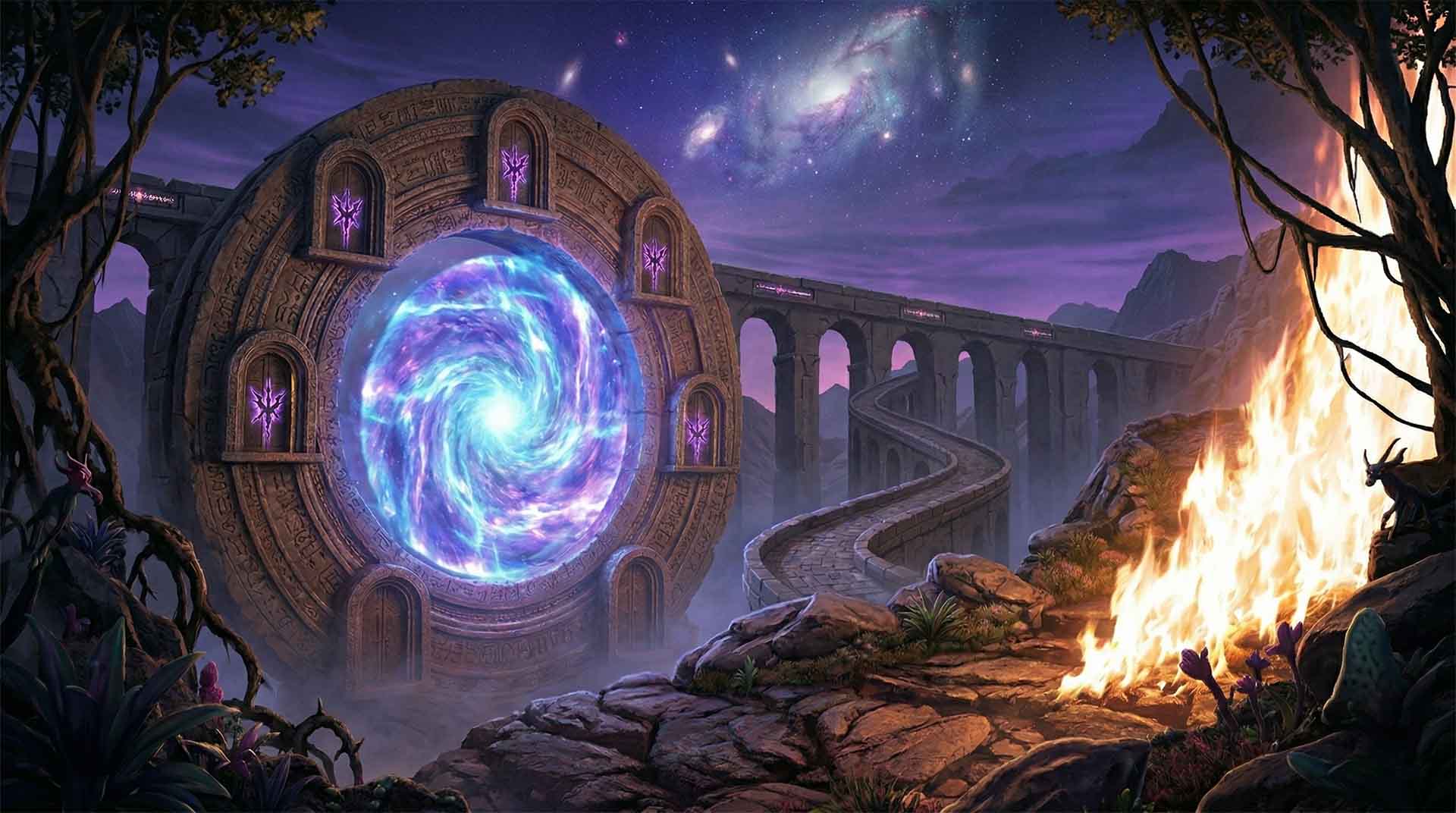 The Firewall Stand – Myrine Goes Through the Quantum Door A massive, circular stone portal glowing with a blue and violet energy vortex. A high stone bridge curves toward it. In the foreground, a towering wall of white-hot phosphorous fire roars, casting intense orange light onto the jagged rocks and surrounding shadows.. Myrine Goes Through the Quantum Door