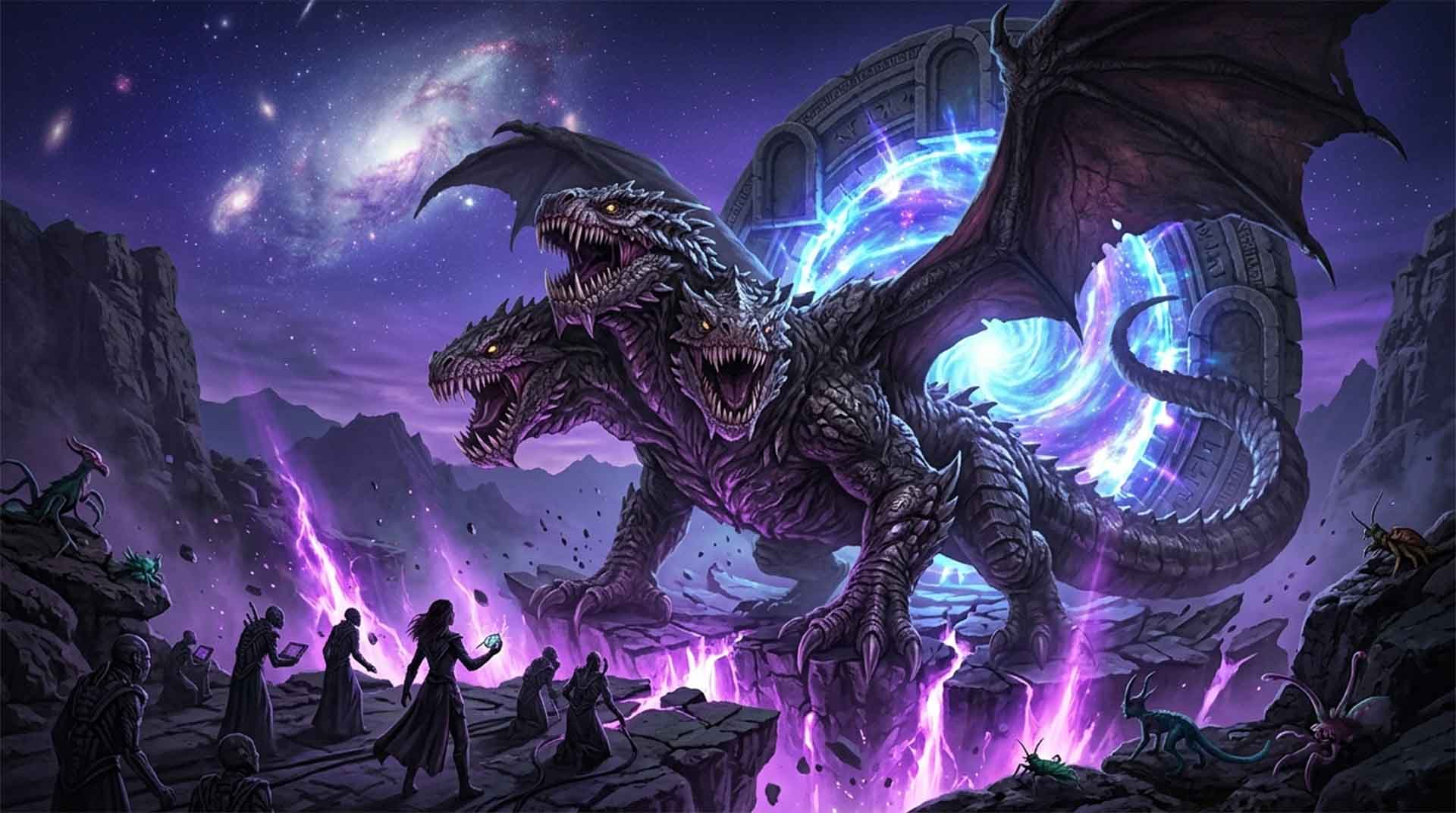 The True Form of Beldarius – Myrine Goes Through the Quantum Door An epic finale scene. A colossal, three-headed dragon-like beast with massive wings stands on a cracked cliff overlooking a purple energy chasm. In the background, a giant stone portal pulses. Small figures stand in the foreground, witnessing the final cosmic confrontation. Myrine Goes Through the Quantum Door