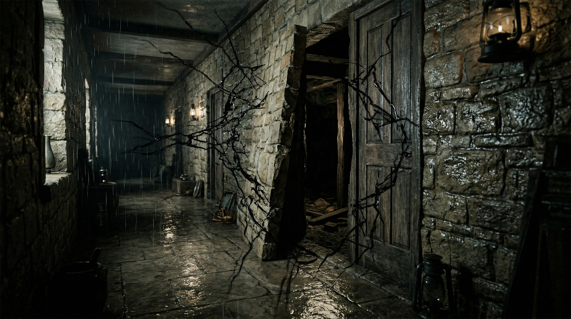 The Dark Forces Assemble – Myrine Goes Through the Quantum Door A moody, low-angle shot of a damp stone corridor during a rainstorm. Black, oily, vine-like energy fractures are "growing" out of the walls and a wooden door, looking like a physical manifestation of a dark curse or corruption. Myrine Goes Through the Quantum Door
