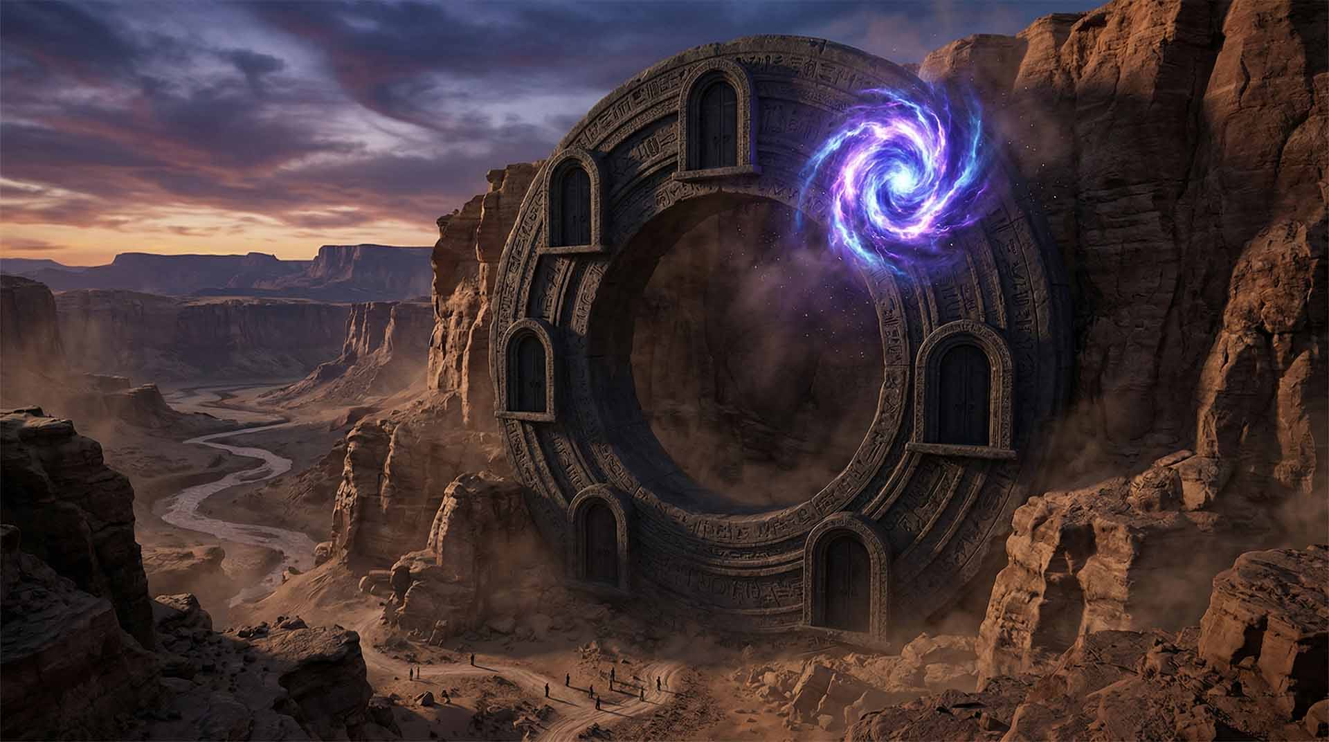 The Multiple Doored Quantum Door – Myrine Goes Through the Quantum Door A monumental, circular stone gateway built into a desert cliffside. The structure contains several smaller wooden doors set into the stone rim. A swirling vortex of blue and violet energy pulses in the top-right corner of the massive archway. Myrine Goes Through the Quantum Door