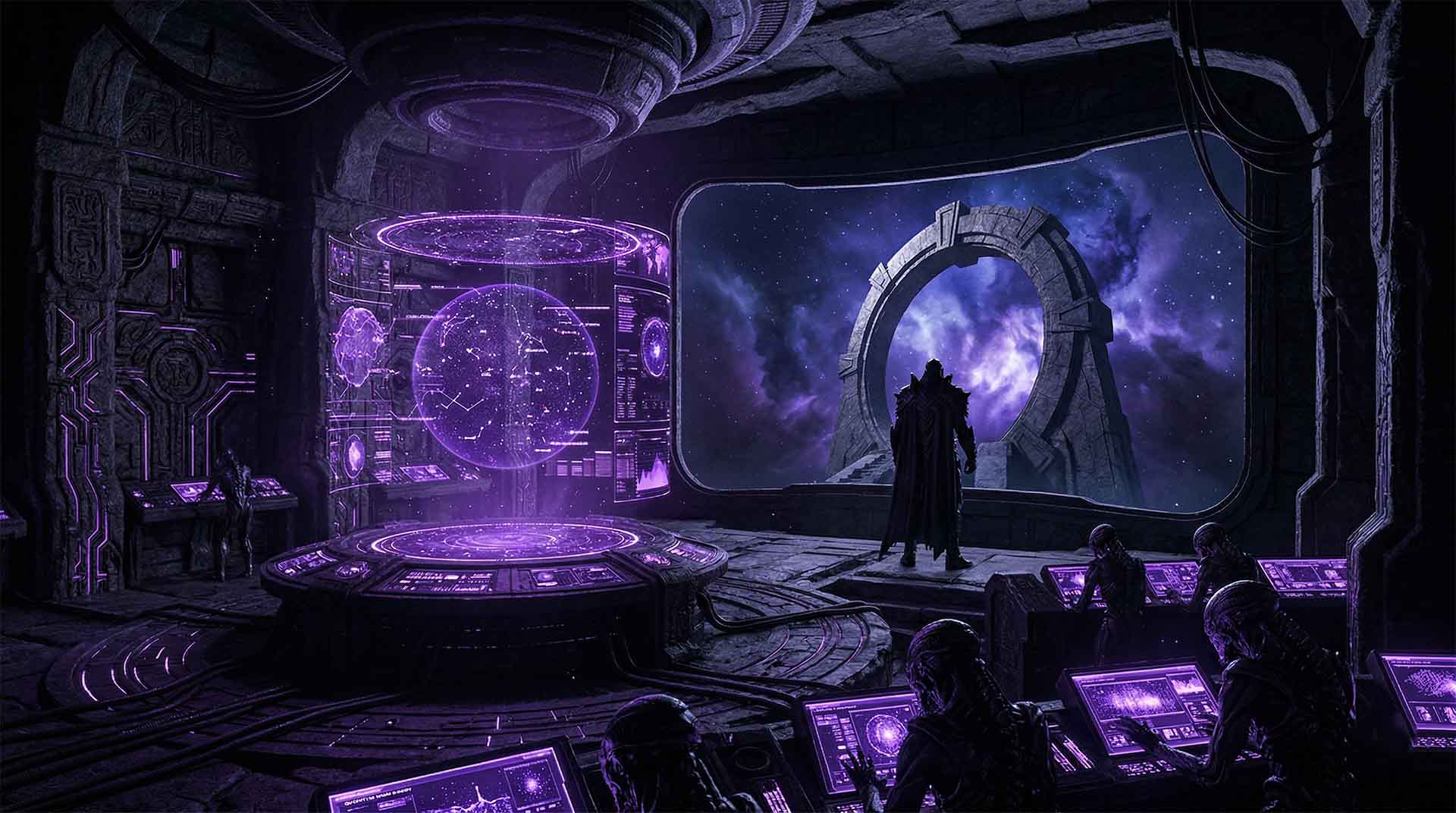 Meanwhile in Betwonium- Myrine Goes Through the Quantum Door A dark, alien command center blending ancient stone with glowing violet circuitry. A silhouetted leader stands before a massive viewing screen showing the Quantum Door. A large, spherical holographic star map pulses in the center of the room. Myrine Goes Through the Quantum Door