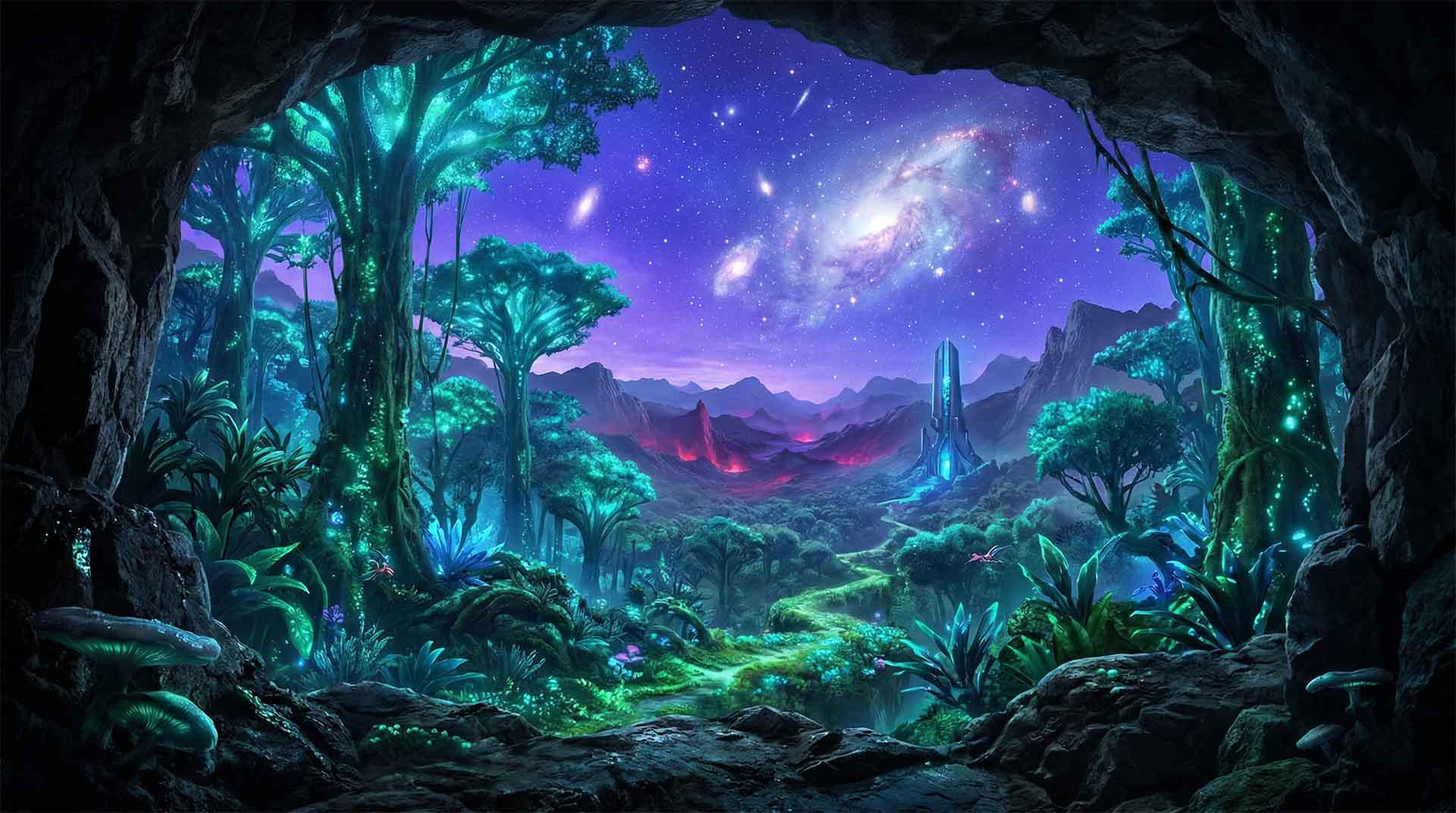 In Search of the Exit Portal – Myrine Goes Through the Quantum Door A wide-angle vista looking out from a dark cave onto a surreal landscape. Oversized, glowing teal and blue trees fill a valley. The sky is a deep violet-blue with a massive, swirling Pale Nebula. A glowing blue obelisk stands in the distance. Myrine Goes Through the Quantum Door