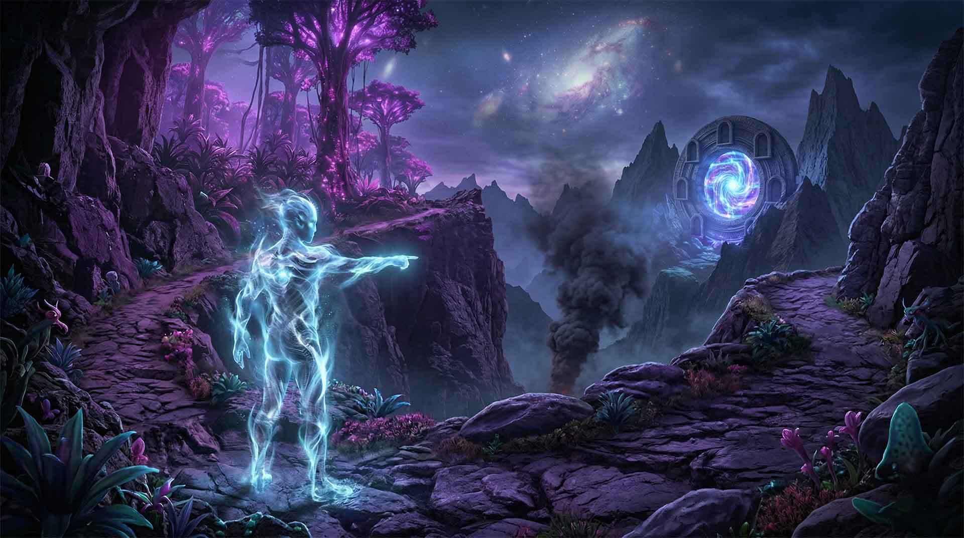 The Breach along the Path – Myrine Goes Through the Quantum Door A narrow mountain path overlooking a purple-hued valley. A shimmering, translucent blue humanoid figure stands at a fork in the road, pointing away from a distant stone portal. A thick plume of black smoke rises from the valley below. Myrine Goes Through the Quantum Door