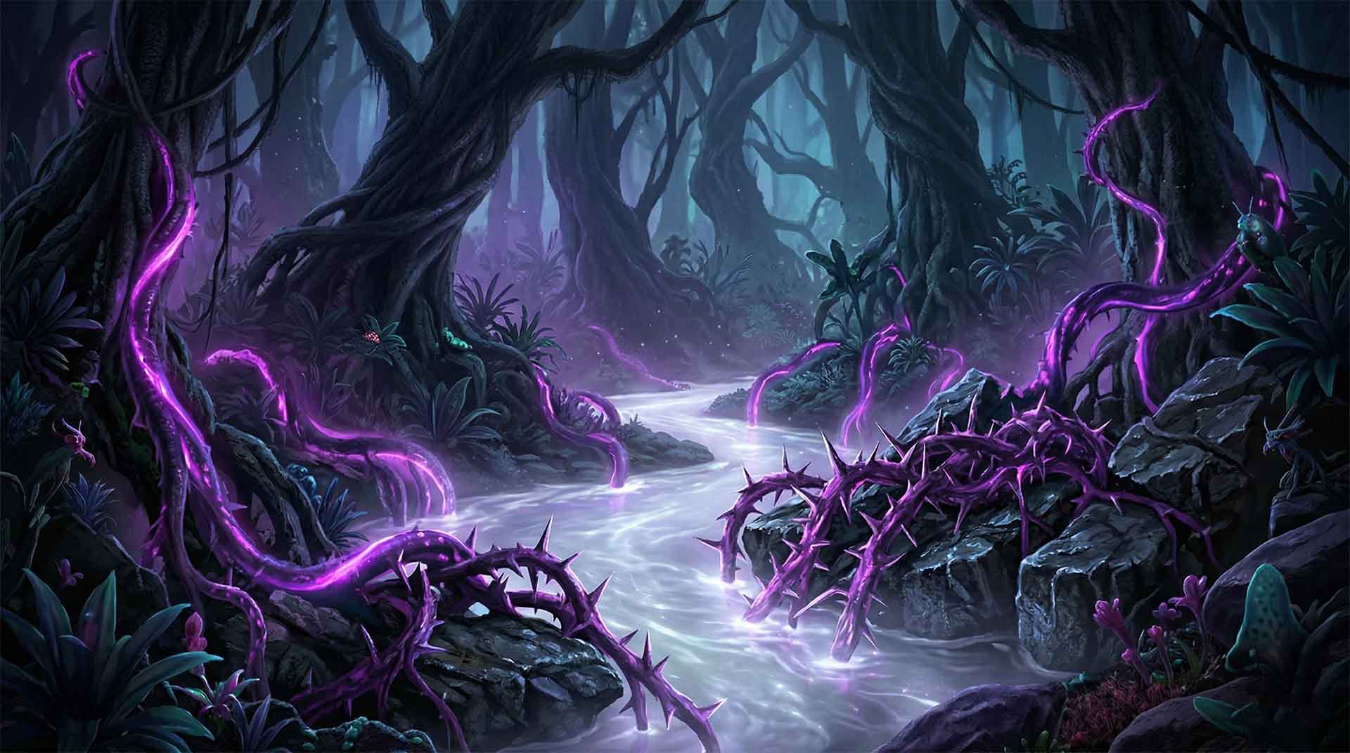 The Whispering Riverbank – Myrine Goes Through the Quantum Door A nocturnal scene of a silver-white river flowing through a dark forest. Thick, bioluminescent vines glowing with bright Mystic Violet light snake across the rocks; where they enter the water, they transform into sharp, jagged thorns. Myrine Goes Through the Quantum Door