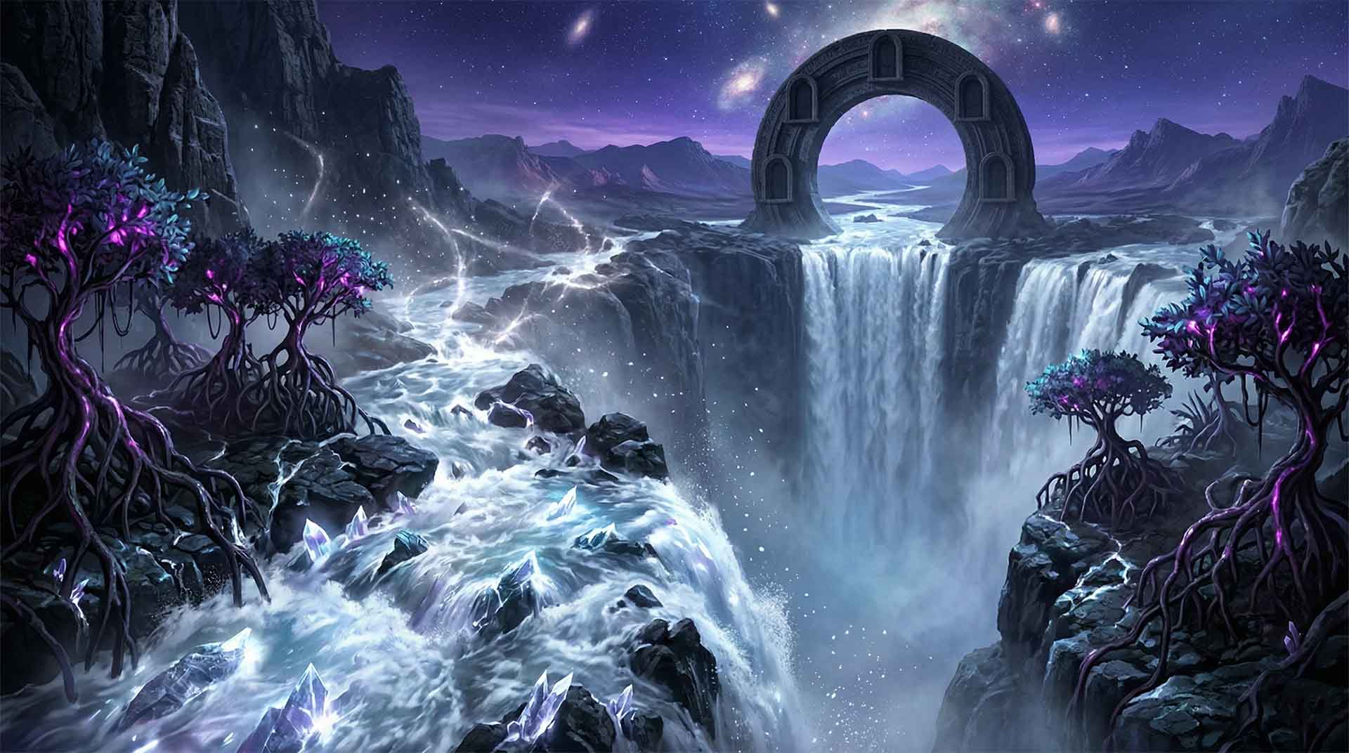The Waterfall of Echoes – Myrine Goes Through the Quantum Door An epic wide shot of a crystalline river leading to a massive waterfall. White-hot energy sparks fly through the mist. On the horizon, a giant circular stone portal stands over the river. Alien mangrove trees with purple foliage line the banks. Myrine Goes Through the Quantum Door